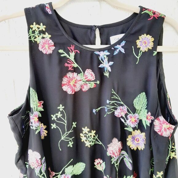 Calvin Klein Black Sheer Floral Embroidered Swing Sleeveless Dress Sz:12 - Picture 3 of 5